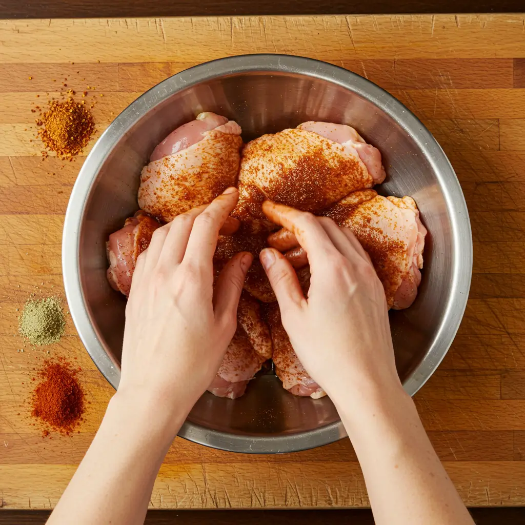 Hände reiben rohe Hähnchenkeulen mit einer Gewürzmischung ein, als Vorbereitung für die Zubereitung des Hähnchens im Airfryer.