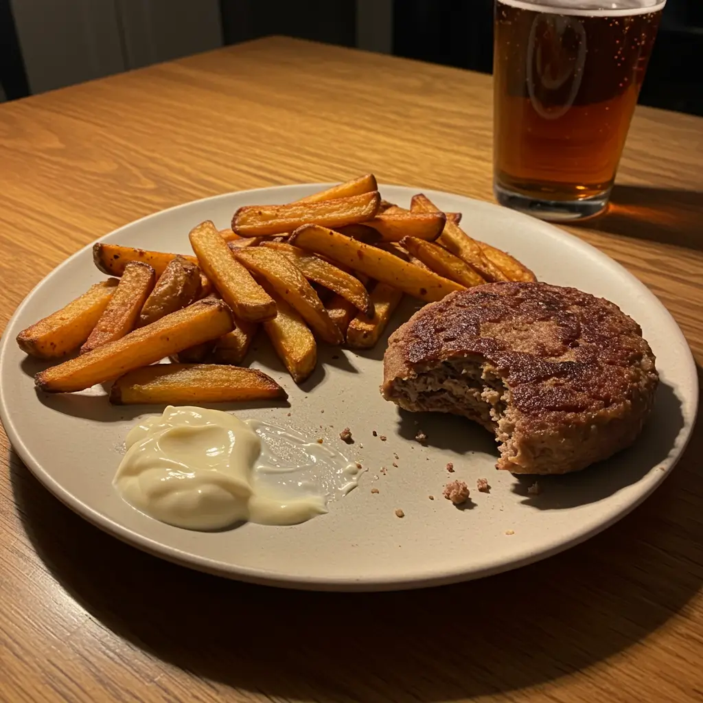 Serviervorschlag für Pommes im Airfryer: Eine Schüssel mit knusprigen Pommes neben einem saftigen Burger und einem Schälchen Aioli.