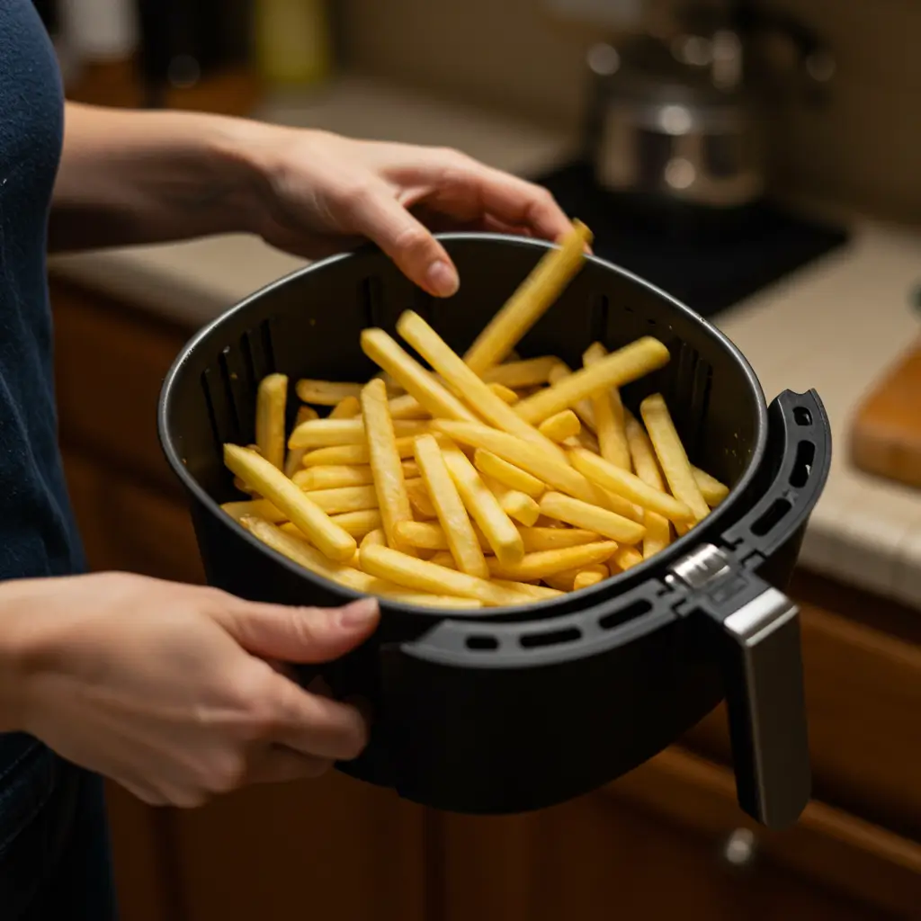 Der Korb einer Heißluftfritteuse wird geschüttelt, um die darin befindlichen Pommes für ein gleichmäßiges Garergebnis zu wenden.