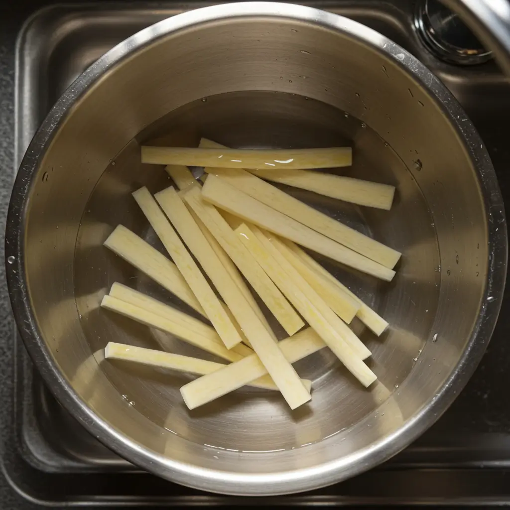 Geschnittene Kartoffelstifte liegen in einer Glasschüssel mit klarem Wasser. Der wichtigste Schritt für knusprige Pommes im Airfryer.