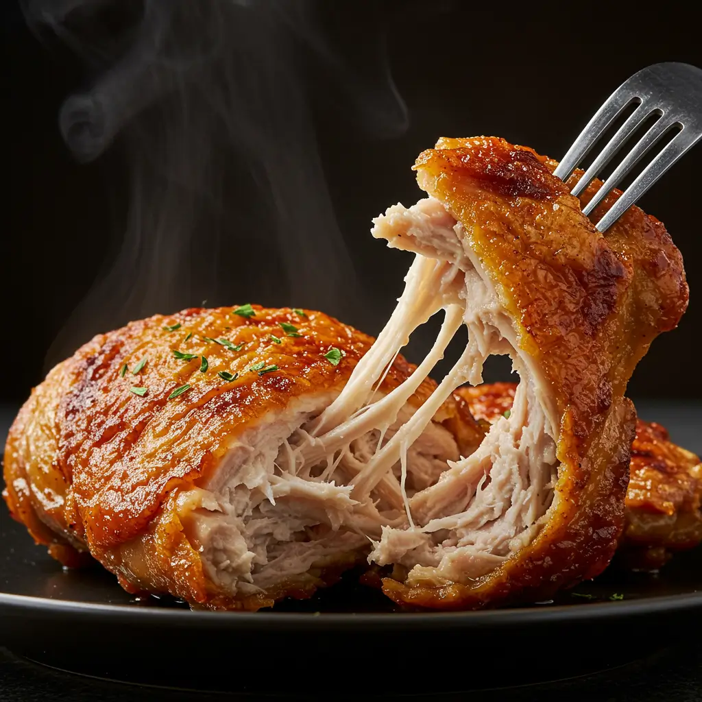 Eine aufgerissene, knusprige Hähnchenkeule aus dem Airfryer, aus der Dampf aufsteigt und das saftige Fleisch im Inneren zeigt.