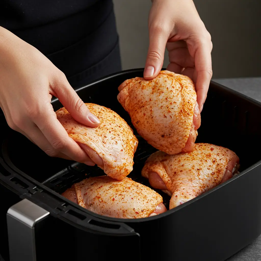 Gewürzte Hähnchenschenkel werden in den Korb einer modernen Heißluftfritteuse gelegt, um ein knuspriges Airfryer Rezept zuzubereiten.