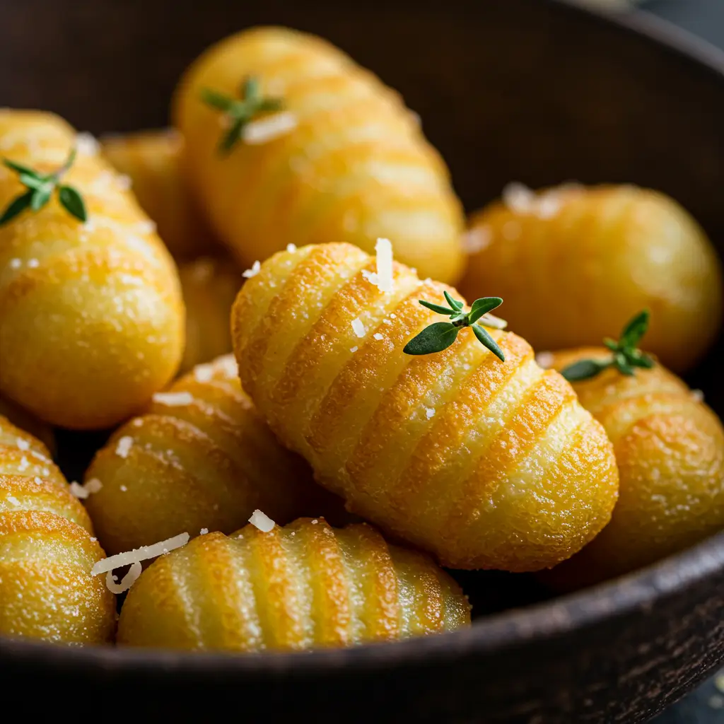 Nahaufnahme von knusprigen, goldbraunen Gnocchi aus dem Airfryer, garniert mit Parmesan. Ein kreatives Rezept für die Heißluftfritteuse.